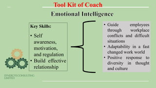 Tool Kit of Coach
Key Skills:
• Self
awareness,
motivation,
and regulation
• Build effective
relationship
• Guide employees
through workplace
conflicts and difficult
situations
• Adaptability in a fast
changed work world
• Positive response to
diversity in thought
and culture
 
