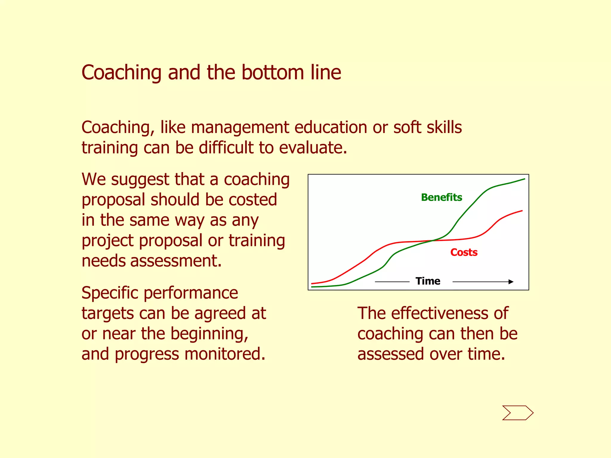 Coaching, like management education or soft skills training can be difficult to evaluate.  Coaching and the bottom line We suggest that a coaching proposal should be costed in the same way as any project proposal or training needs   assessment.  Costs  Benefits  Time  Specific performance targets can be agreed at or near the beginning, and progress monitored.  The effectiveness of coaching can then be assessed over time. 