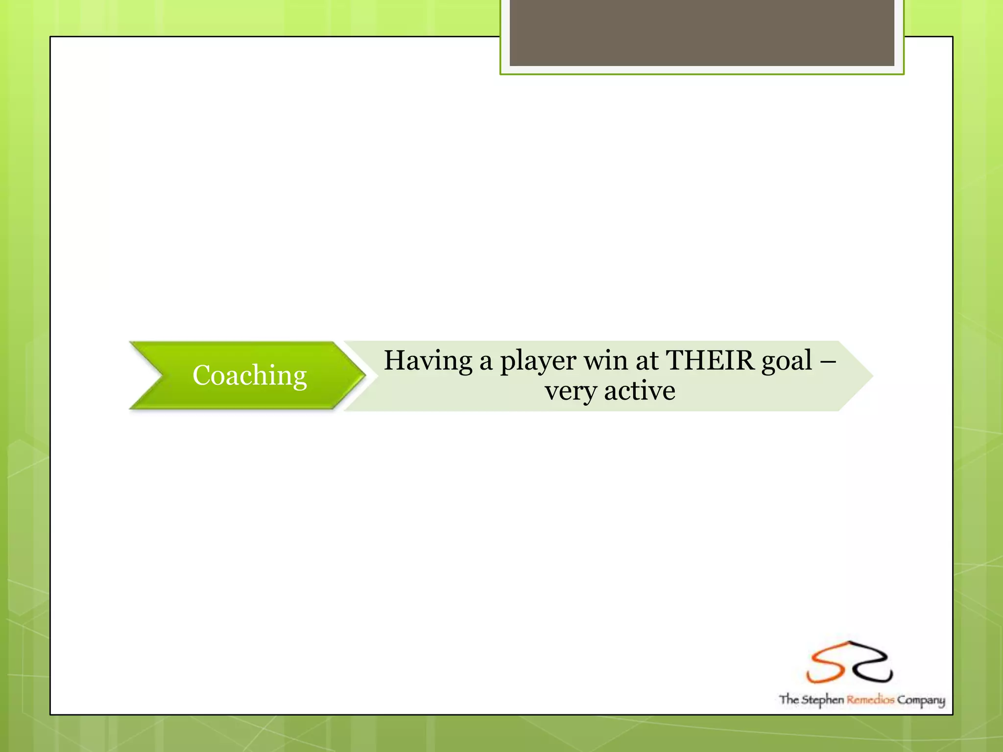 Having a player win at THEIR goal –
Coaching
                       very active
 