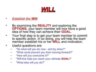 WILL
•       Establish the Will:

•       By examining the REALITY and exploring the
        OPTIONS, your team member wil...