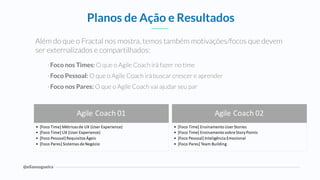 @eliasnogueira
Além do que o Fractal nos mostra, temos também motivações/focos que devem
ser externalizados e compartilhados:
-Foco nos Times: O que o Agile Coach irá fazer no time
-Foco Pessoal: O que o Agile Coach irá buscar crescer e aprender
-Foco nos Pares: O que o Agile Coach vai ajudar seu par
Planos de Ação e Resultados
Agile	Coach	02
• [Foco	Time]	Ensinamento	User	Stories
• [Foco	Time]	Ensinamento	sobre	Story	Points
• [Foco	Pessoal]	Inteligência	Emocional	
• [Foco	Pares]	Team	Building
Agile	Coach	01
• [Foco	Time]	Métricas	de	UX	(User	Experience)
• [Foco	Time]	UX	(User	Experience)
• [Foco	Pessoal]	Requisitos	Ágeis
• [Foco	Pares]	Sistemas	de	Negócio
 