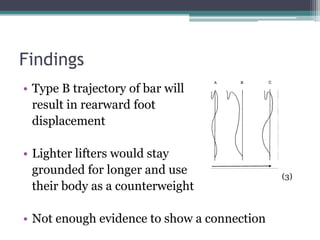 Findings
• Type B trajectory of bar will
  result in rearward foot
  displacement

• Lighter lifters would stay
  grounded for longer and use                (3)
  their body as a counterweight

• Not enough evidence to show a connection
 