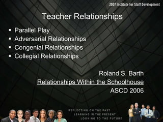 Teacher Relationships Parallel Play Adversarial Relationships Congenial Relationships Collegial Relationships Roland S. Barth Relationships Within the Schoolhouse ASCD 2006 