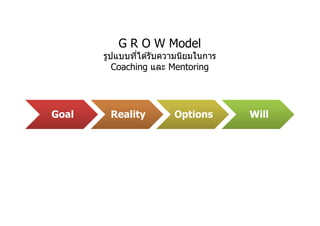 G R O W Model
       รูปแบบทีได ้รับความนิยมในการ
          Coaching และ Mentoring




Goal    Reality         Options       Will
 