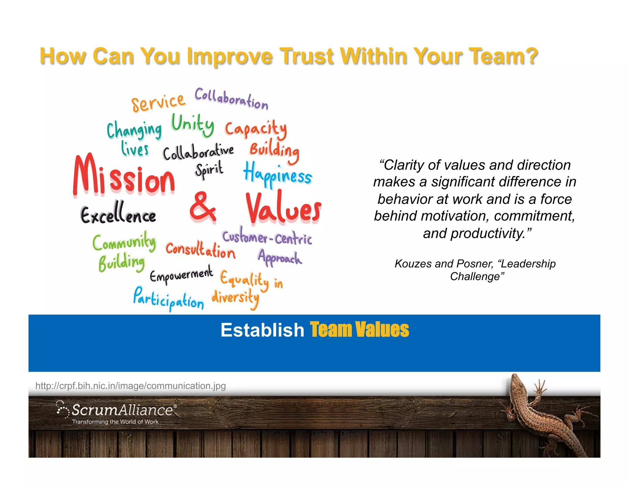 http://crpf.bih.nic.in/image/communication.jpg
Establish Team Values
“Clarity of values and direction
makes a significant difference in
behavior at work and is a force
behind motivation, commitment,
and productivity.”
Kouzes and Posner, “Leadership
Challenge”
How Can You Improve Trust Within Your Team?
 