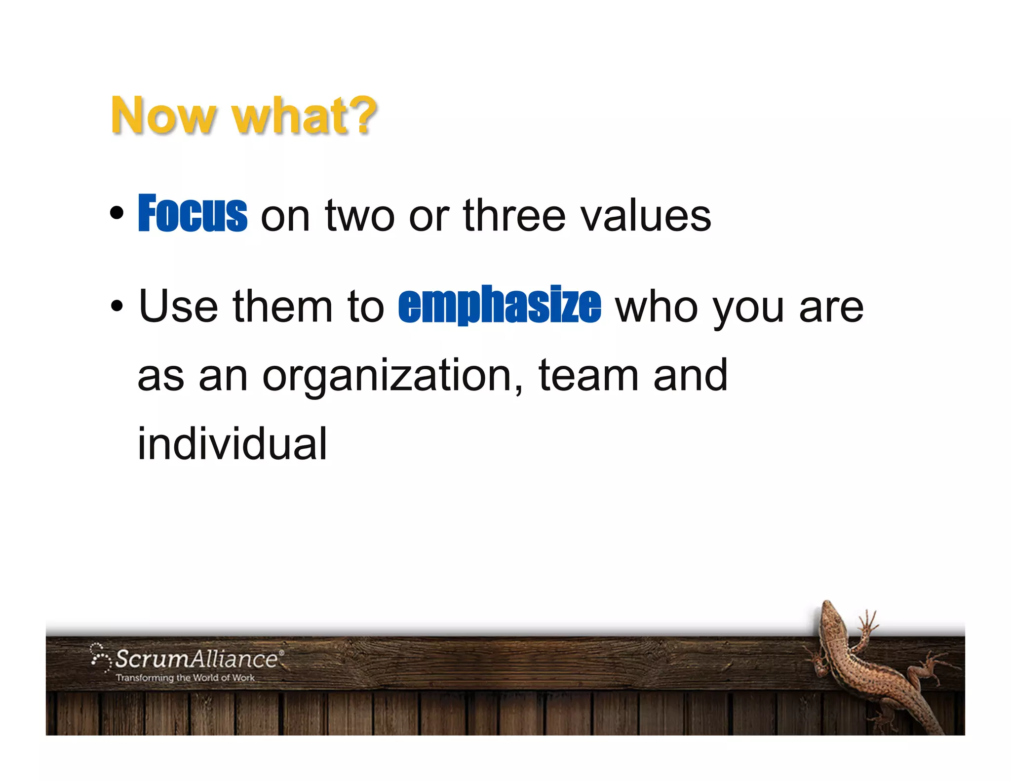 Now what?
• Focus on two or three values
• Use them to emphasize who you are
as an organization, team and
individual
 