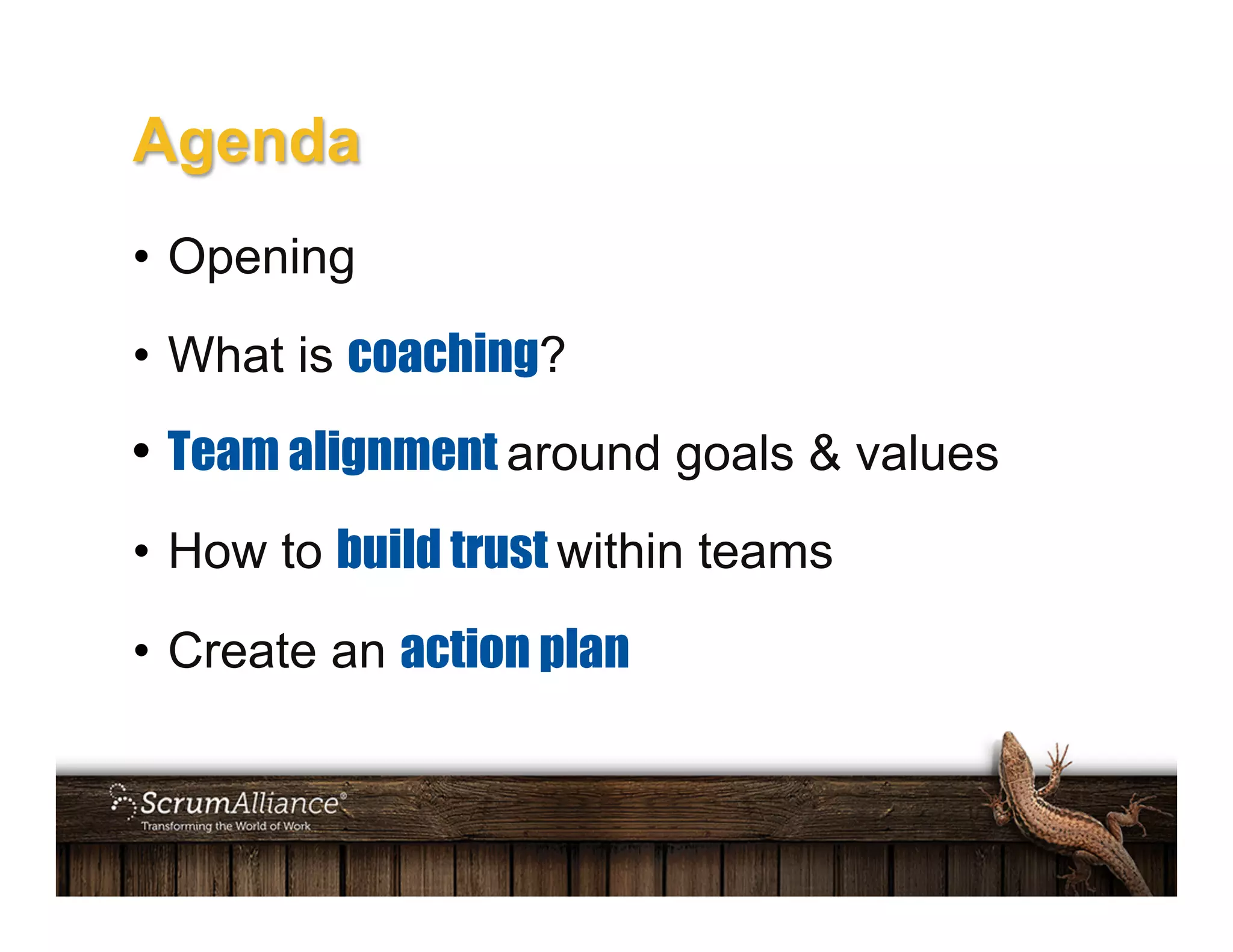 Agenda
•  Opening
•  What is coaching?
•  Team alignment around goals & values
•  How to build trust within teams
•  Create an action plan
 
