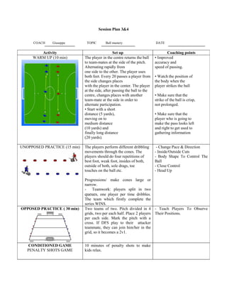 Session Plan 3&4
COACH Giuseppe TOPIC Ball mastery DATE
Activity Set up Coaching points
WARM UP (10 min) The player in the centre returns the ball
to team-mates at the side of the pitch.
Alternating rapidly from
one side to the other. The player uses
both feet. Every 20 passes a player from
the side changes places
with the player in the center. The player
at the side, after passing the ball to the
centre, changes places with another
team-mate at the side in order to
alternate participation.
• Start with a short
distance (5 yards),
moving on to
medium distance
(10 yards) and
finally long distance
(20 yards).
• Improved
accuracy and
speed of passing.
• Watch the position of
the body when the
player strikes the ball
• Make sure that the
strike of the ball is crisp,
not prolonged.
• Make sure that the
player who is going to
make the pass looks left
and right to get used to
gathering information
UNOPPOSED PRACTICE (15 min) The players perform different dribbling
movements through the cones. The
players should do four repetitions of
best foot, weak foot, insides of both,
outside of both, sole drags, toe
touches on the ball etc.
Progressions/ make cones large or
narrow.
- Teamwork: players split in two
queues, one player per time dribbles.
The team which firstly complete the
series WINS.
- Change Pace & Direction
- Inside/Outside Cuts
- Body Shape To Control The
Ball
- Close Control
- Head Up
OPPOSED PRACTICE ( 30 min) Two teams of two. Pitch divided in 4
grids, two per each half. Place 2 players
per each side. Mark the pitch with a
cross. If DFS play to their attacker
teammate, they can join him/her in the
grid, so it becomes a 2v1.
- Teach Players To Observe
Their Positions.
CONDITIONED GAME
PENALTY SHOTS GAME
10 minutes of penalty shots to make
kids relax.
 