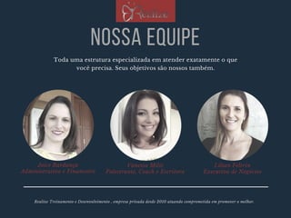 Realize Treinamento e Desenvolvimento , empresa privada desde 2010 atuando comprometida em promover o melhor. 
Lílian Feltrin
Executiva de Negócios
Nossa equipe
Toda uma estrutura especializada em atender exatamente o que
você precisa. Seus objetivos são nossos também.
Vanessa Milis
Palestrante, Coach e Escritora
Joice Bardança
Administrativo e Financeiro
 