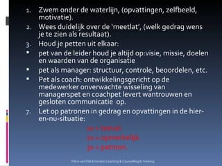 Zwem onder de waterlijn, (opvattingen, zelfbeeld, motivatie). Wees duidelijk over de ‘meetlat’, (welk gedrag wens je te zien als resultaat). Houd je petten uit elkaar: pet van de leider houd je altijd op:visie, missie, doelen en waarden van de organisatie pet als manager: structuur, controle, beoordelen, etc. Pet als coach: ontwikkelingsgericht op de medewerker onverwachte wisseling van managerspet en coachpet levert wantrouwen en gesloten communicatie  op. Let op patronen in gedrag en opvattingen in de hier-en-nu-situatie: 1x = toeval. 2x = opmerkelijk. 3x = patroon. Petro van Pelt Emoratio Coaching & Counselling & Training. 