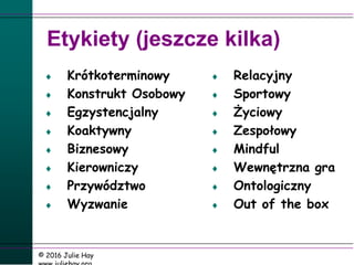 Etykiety (jeszcze kilka)
 Krótkoterminowy
 Konstrukt Osobowy
 Egzystencjalny
 Koaktywny
 Biznesowy
 Kierowniczy
 Przywództwo
 Wyzwanie
 Relacyjny
 Sportowy
 Życiowy
 Zespołowy
 Mindful
 Wewnętrzna gra
 Ontologiczny
 Out of the box
© 2016 Julie Hay
 