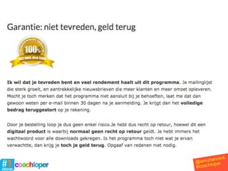 1. Introductie
2. Verkoop gaat niet vanzelf
3. Mensen helpen
4. 10. stappen op de verkooppagina
5. Voorbeelden
6. Voor de verkoop
7. Vragen
Inhoud
@ernohannink
#coachloper
 