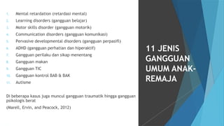 1. Mental retardation (retardasi mental)
2. Learning disorders (gangguan belajar)
3. Motor skills disorder (gangguan motorik)
4. Communication disorders (gangguan komunikasi)
5. Pervasive developmental disorders (gangguan perpasifl)
6. ADHD (gangguan perhatian dan hiperaktif)
7. Gangguan perilaku dan sikap menentang
8. Gangguan makan
9. Gangguan TIC
10. Gangguan kontrol BAB & BAK
11. Autisme
Di beberapa kasus juga muncul gangguan traumatik hingga gangguan
psikologis berat
(Marell, Ervin, and Peacock, 2012)
11 JENIS
GANGGUAN
UMUM ANAK-
REMAJA
 