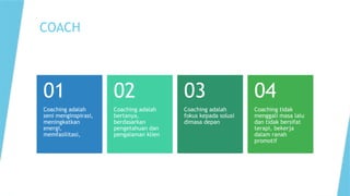 COACH
Coaching adalah
seni menginspirasi,
meningkatkan
energi,
memfasilitasi,
01
Coaching adalah
bertanya,
berdasarkan
pengetahuan dan
pengalaman klien
02
Coaching adalah
fokus kepada solusi
dimasa depan
03
Coaching tidak
menggali masa lalu
dan tidak bersifat
terapi, bekerja
dalam ranah
promotif
04
 