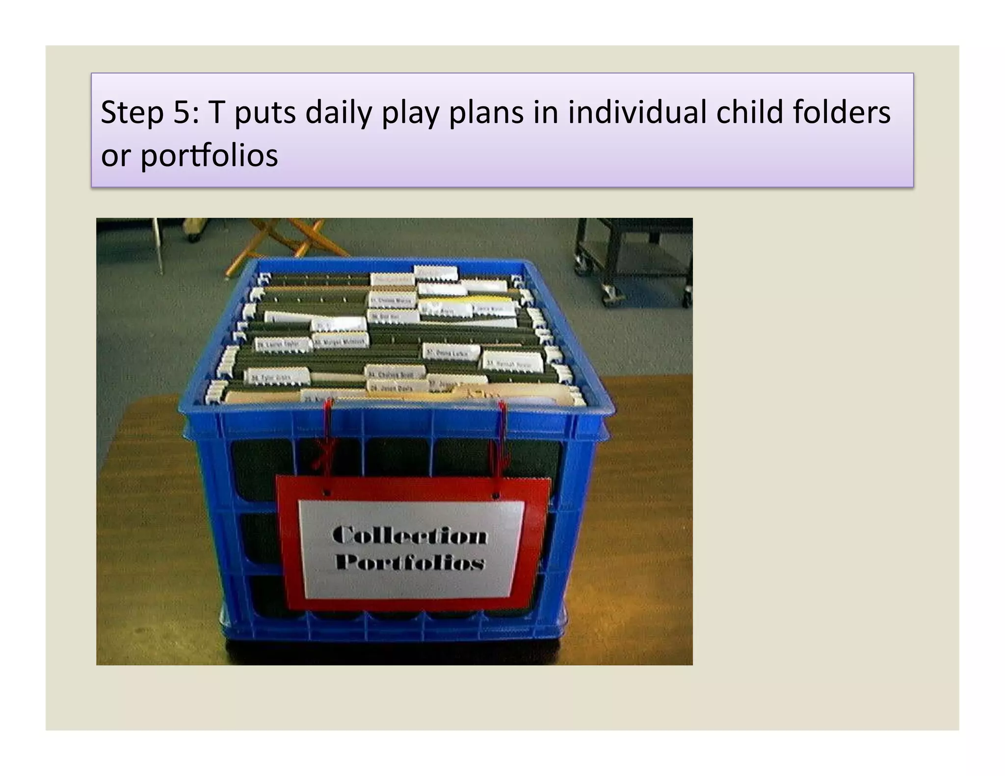 Step	
  5:	
  T	
  puts	
  daily	
  play	
  plans	
  in	
  individual	
  child	
  folders	
  
or	
  porbolios	
  
 