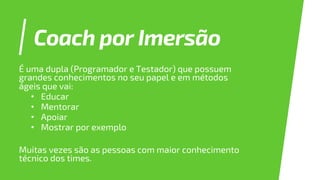 Coach por Imersão
É uma dupla (Programador e Testador) que possuem
grandes conhecimentos no seu papel e em métodos
ágeis que vai:
• Educar
• Mentorar
• Apoiar
• Mostrar por exemplo
Muitas vezes são as pessoas com maior conhecimento
técnico dos times.
 