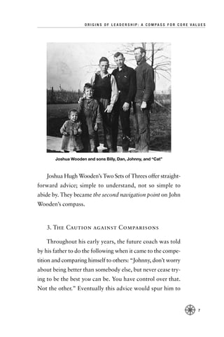 ORIGINS OF LEADERSHIP: A COMPASS FOR CORE VALUES




       Joshua Wooden and sons Billy, Dan, Johnny, and “Cat”



   Joshua Hugh Wooden’s Two Sets of Threes offer straight-
forward advice; simple to understand, not so simple to
abide by. They became the second navigation point on John
Wooden’s compass.



   3. The Caution against Comparisons

   Throughout his early years, the future coach was told
by his father to do the following when it came to the compe-
tition and comparing himself to others: “Johnny, don’t worry
about being better than somebody else, but never cease try-
ing to be the best you can be. You have control over that.
Not the other.” Eventually this advice would spur him to


                                                                  7
 