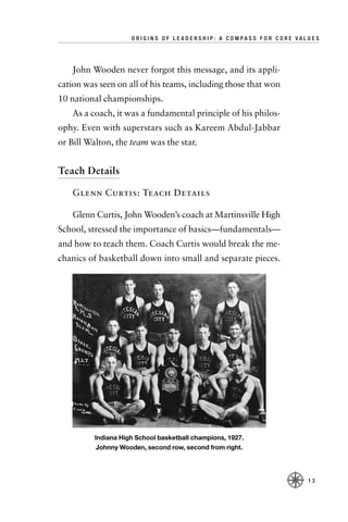 ORIGINS OF LEADERSHIP: A COMPASS FOR CORE VALUES




   John Wooden never forgot this message, and its appli-
cation was seen on all of his teams, including those that won
10 national championships.
   As a coach, it was a fundamental principle of his philos-
ophy. Even with superstars such as Kareem Abdul-Jabbar
or Bill Walton, the team was the star.


Teach Details

   Glenn Curtis: Teach Details

   Glenn Curtis, John Wooden’s coach at Martinsville High
School, stressed the importance of basics—fundamentals—
and how to teach them. Coach Curtis would break the me-
chanics of basketball down into small and separate pieces.




          Indiana High School basketball champions, 1927.
           Johnny Wooden, second row, second from right.




                                                                  13
 
