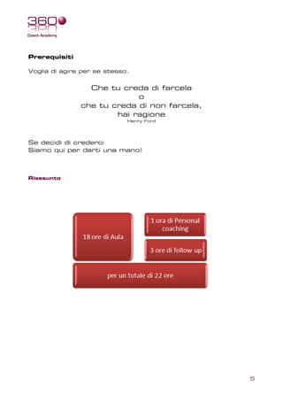 Prerequisiti

Voglia di agire per se stesso.


                 Che tu creda di farcela
                            o
               che tu creda di non farcela,
                       hai ragione
                             Henry Ford




Se decidi di crederci
Siamo qui per darti una mano!



Riassunto




                                              5
 