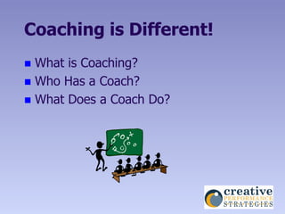 Coaching is Different!
 What is Coaching?
 Who Has a Coach?
 What Does a Coach Do?
 