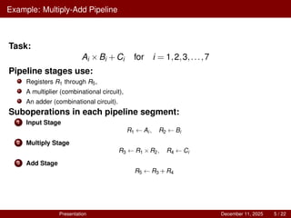Example: Multiply-Add Pipeline
Task:
Ai ×Bi +Ci for i = 1,2,3,...,7
Pipeline stages use:
Registers R1 through R5,
A multiplier (combinational circuit),
An adder (combinational circuit).
Suboperations in each pipeline segment:
1 Input Stage
R1 ← Ai , R2 ← Bi
2 Multiply Stage
R3 ← R1 ×R2, R4 ← Ci
3 Add Stage
R5 ← R3 +R4
Presentation December 11, 2025 5 / 22
 