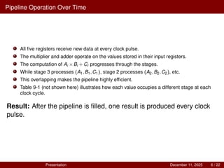 Pipeline Operation Over Time
All five registers receive new data at every clock pulse.
The multiplier and adder operate on the values stored in their input registers.
The computation of Ai ×Bi +Ci progresses through the stages.
While stage 3 processes (A1,B1,C1), stage 2 processes (A2,B2,C2), etc.
This overlapping makes the pipeline highly efficient.
Table 9-1 (not shown here) illustrates how each value occupies a different stage at each
clock cycle.
Result: After the pipeline is filled, one result is produced every clock
pulse.
Presentation December 11, 2025 6 / 22
 