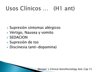 






Supresión síntomas alérgicos
Vértigo, Nausea y vomito
SEDACION
Supresión de tos
Discinesia (anti-dopamina)

Morgan´s Clinical Anesthesiology 4ed, Cap 15

 