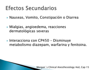 





Nauseas, Vomito, Constipación o Diarrea
Mialgias, angioedema, reacciones
dermatológicas severas

Interacciona con CP450 – Disminuye
metabolismo diazepam, warfarina y fenitoina.

Morgan´s Clinical Anesthesiology 4ed, Cap 15

 