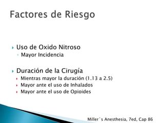 

Uso de Oxido Nitroso
◦ Mayor Incidencia



Duración de la Cirugía




Mientras mayor la duración (1.13 a 2.5)
Mayor ante el uso de Inhalados
Mayor ante el uso de Opioides

Miller´s Anesthesia, 7ed, Cap 86

 