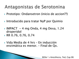 

Prototipo: Ondansetron (inicio de accion??)



Introducido para tratar NyP por Quimio





IMPACT - 4 mg Onda, 4 mg Dexa, 1.24
droperidol
RR 0.76, 0.76, 0.74
Vida Media de 4 hrs – En inducción
enzimática es menor. – Final de Qx.

Miller´s Anesthesia, 7ed, Cap 86

 