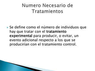 

Se define como el número de individuos que
hay que tratar con el tratamiento
experimental para producir, o evitar, un
evento adicional respecto a los que se
producirían con el tratamiento control.

 