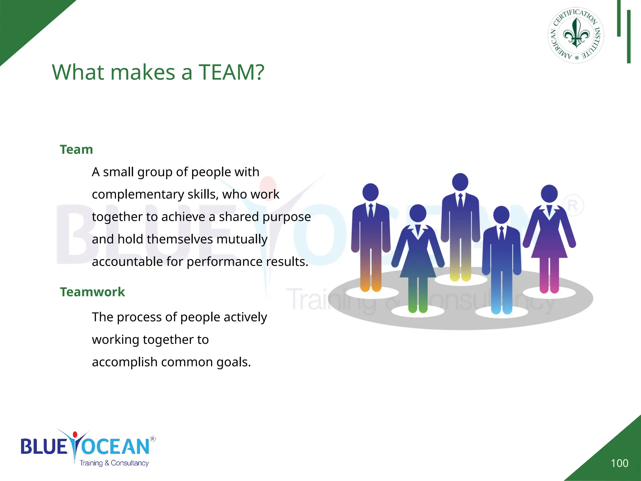 100
What makes a TEAM?
Teamwork
The process of people actively
working together to
accomplish common goals.
Team
A small group of people with
complementary skills, who work
together to achieve a shared purpose
and hold themselves mutually
accountable for performance results.
 