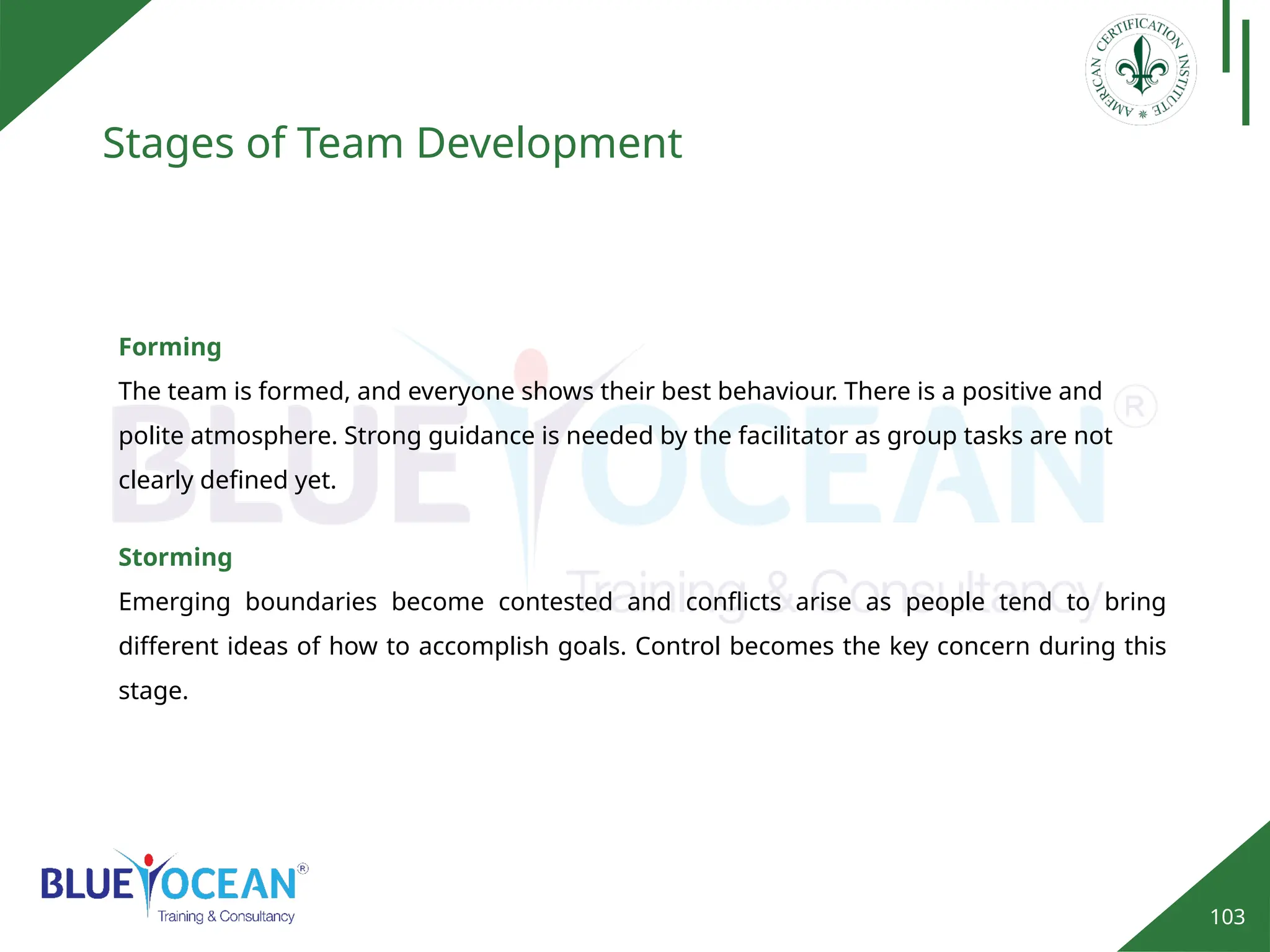 103
Stages of Team Development
Forming
The team is formed, and everyone shows their best behaviour. There is a positive and
polite atmosphere. Strong guidance is needed by the facilitator as group tasks are not
clearly defined yet.
Storming
Emerging boundaries become contested and conflicts arise as people tend to bring
different ideas of how to accomplish goals. Control becomes the key concern during this
stage.
 
