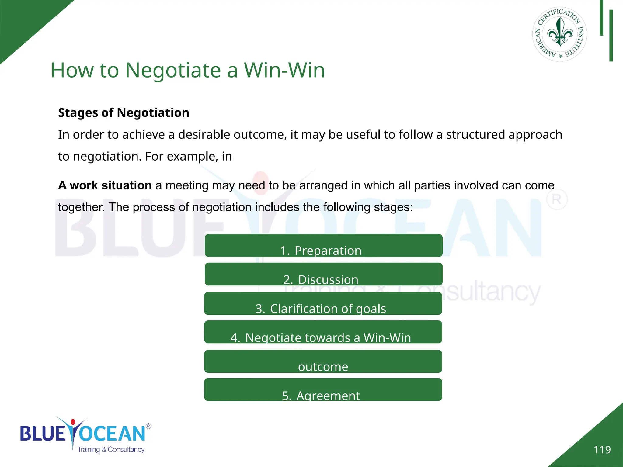 119
How to Negotiate a Win-Win
Stages of Negotiation
In order to achieve a desirable outcome, it may be useful to follow a structured approach
to negotiation. For example, in
1. Preparation
2. Discussion
3. Clarification of goals
4. Negotiate towards a Win-Win
outcome
5. Agreement
6. Implementation of a course of action
A work situation a meeting may need to be arranged in which all parties involved can come
together. The process of negotiation includes the following stages:
 