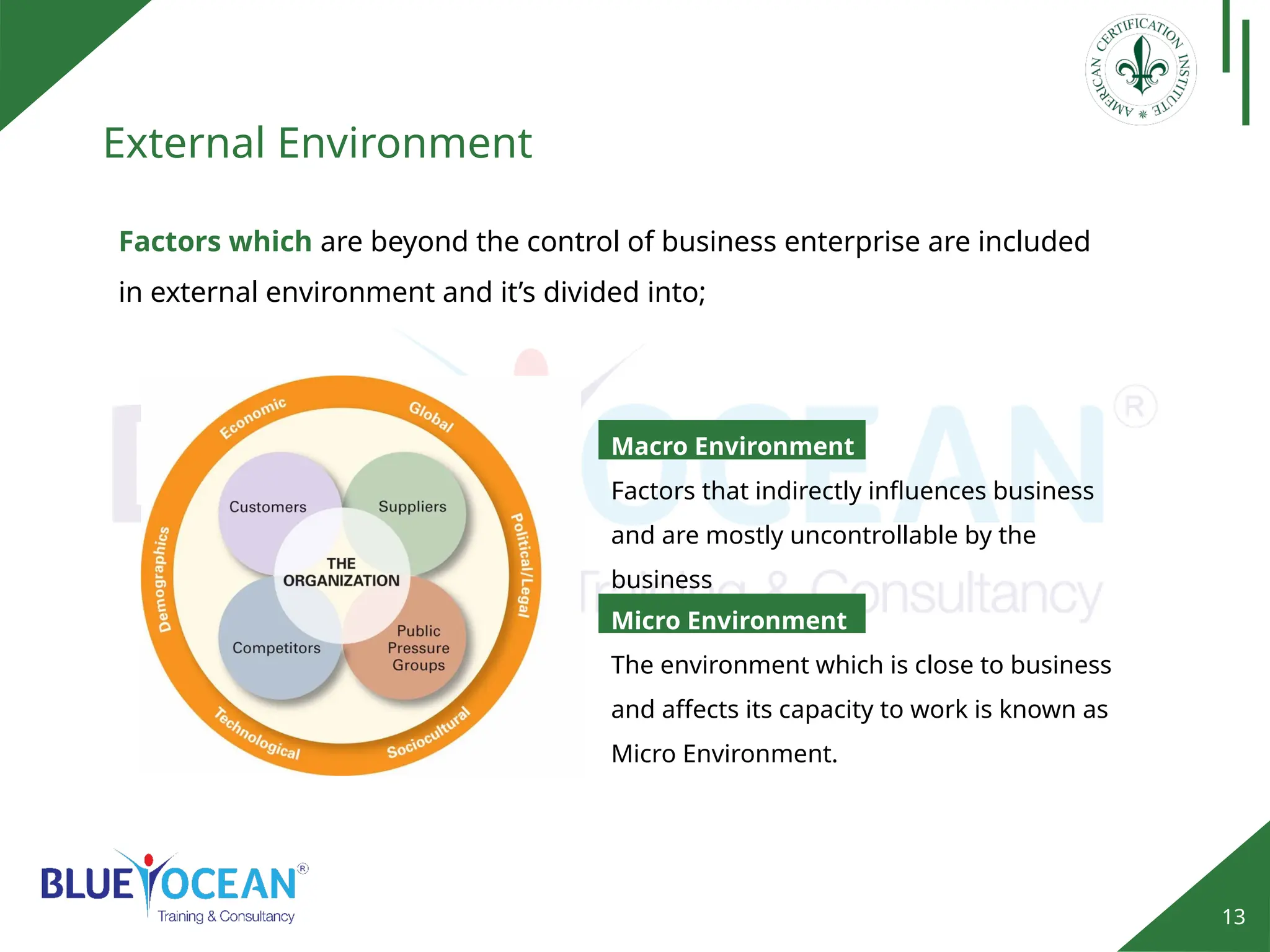 13
External Environment
Factors which are beyond the control of business enterprise are included
in external environment and it’s divided into;
Micro Environment
The environment which is close to business
and affects its capacity to work is known as
Micro Environment.
Macro Environment
Factors that indirectly influences business
and are mostly uncontrollable by the
business
 