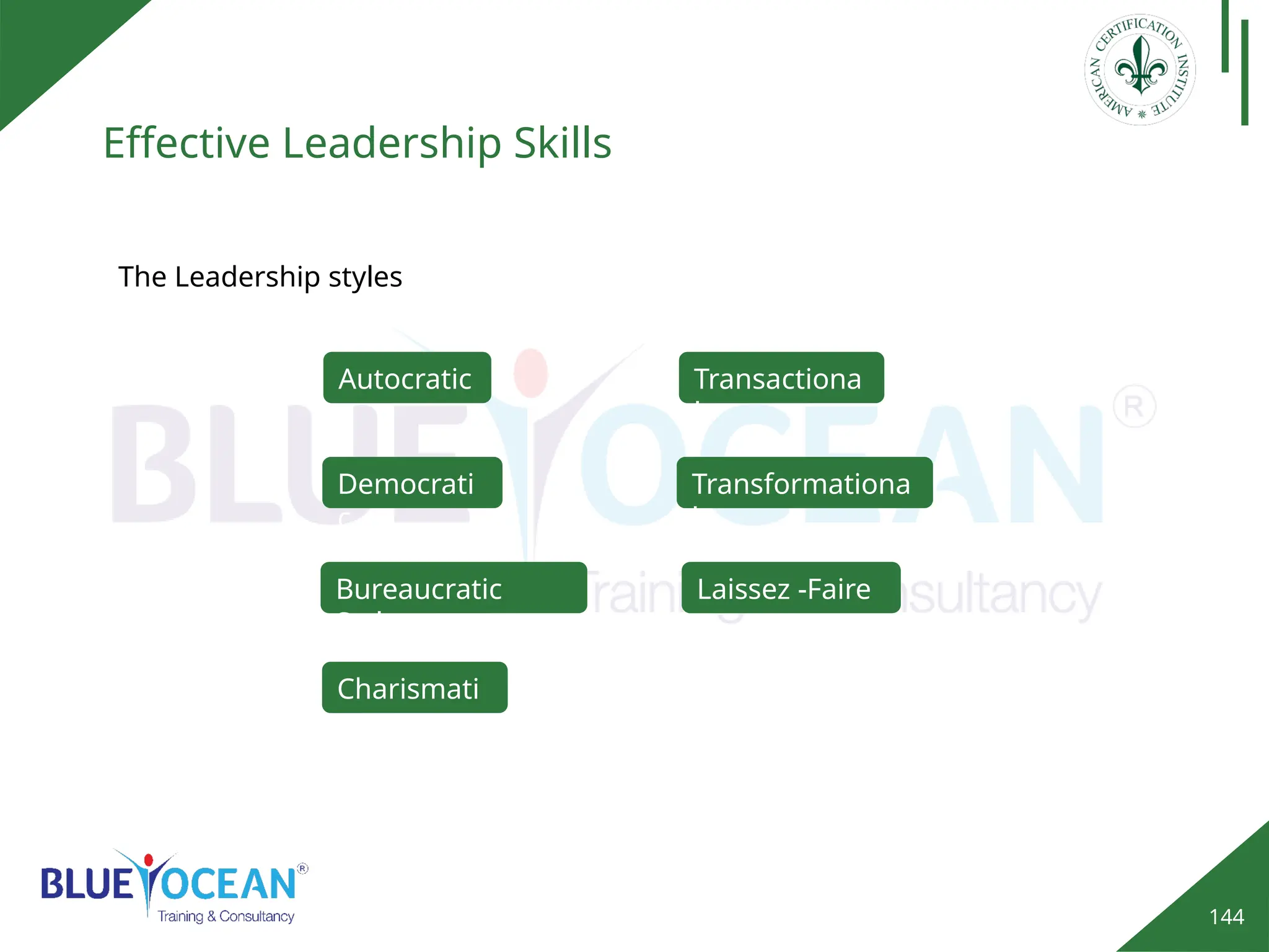 144
Effective Leadership Skills
The Leadership styles
Autocratic
Democrati
c
Bureaucratic
Style
Charismati
c
Transactiona
l
Transformationa
l
Laissez -Faire
 