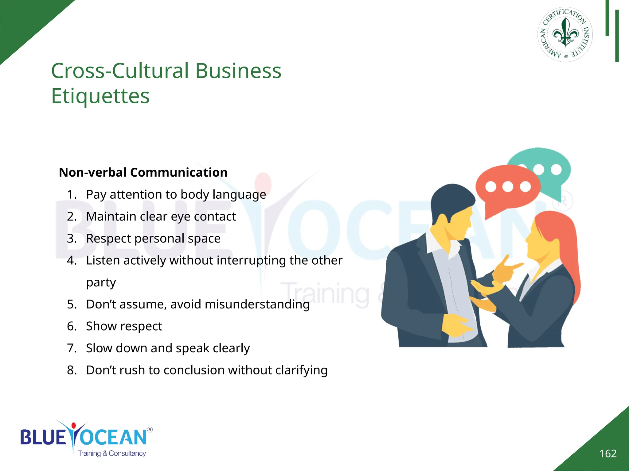 162
Cross-Cultural Business
Etiquettes
Non-verbal Communication
1. Pay attention to body language
2. Maintain clear eye contact
3. Respect personal space
4. Listen actively without interrupting the other
party
5. Don’t assume, avoid misunderstanding
6. Show respect
7. Slow down and speak clearly
8. Don’t rush to conclusion without clarifying
 
