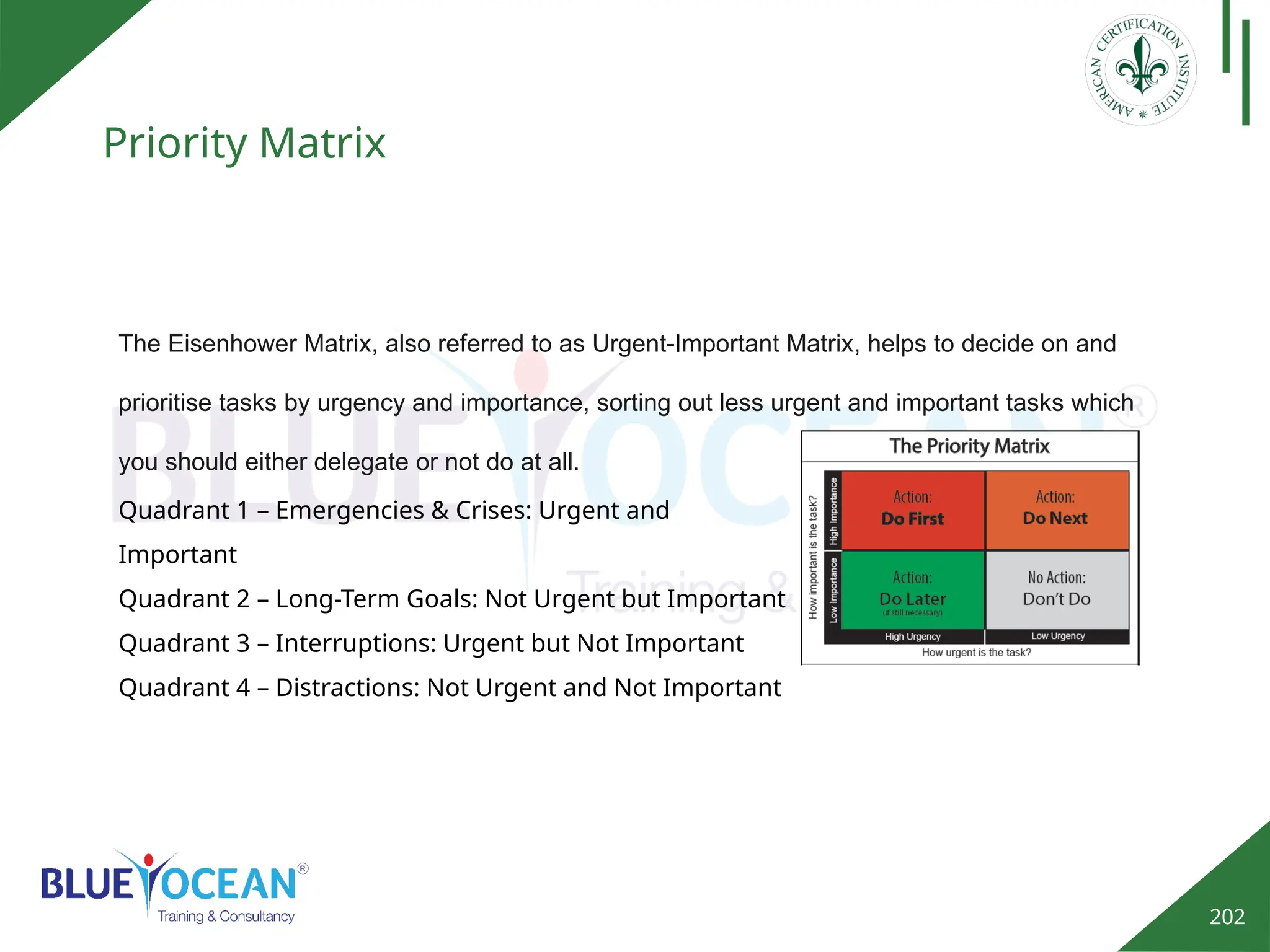 202
Priority Matrix
Quadrant 1 – Emergencies & Crises: Urgent and
Important
Quadrant 2 – Long-Term Goals: Not Urgent but Important
Quadrant 3 – Interruptions: Urgent but Not Important
Quadrant 4 – Distractions: Not Urgent and Not Important
The Eisenhower Matrix, also referred to as Urgent-Important Matrix, helps to decide on and
prioritise tasks by urgency and importance, sorting out less urgent and important tasks which
you should either delegate or not do at all.
 
