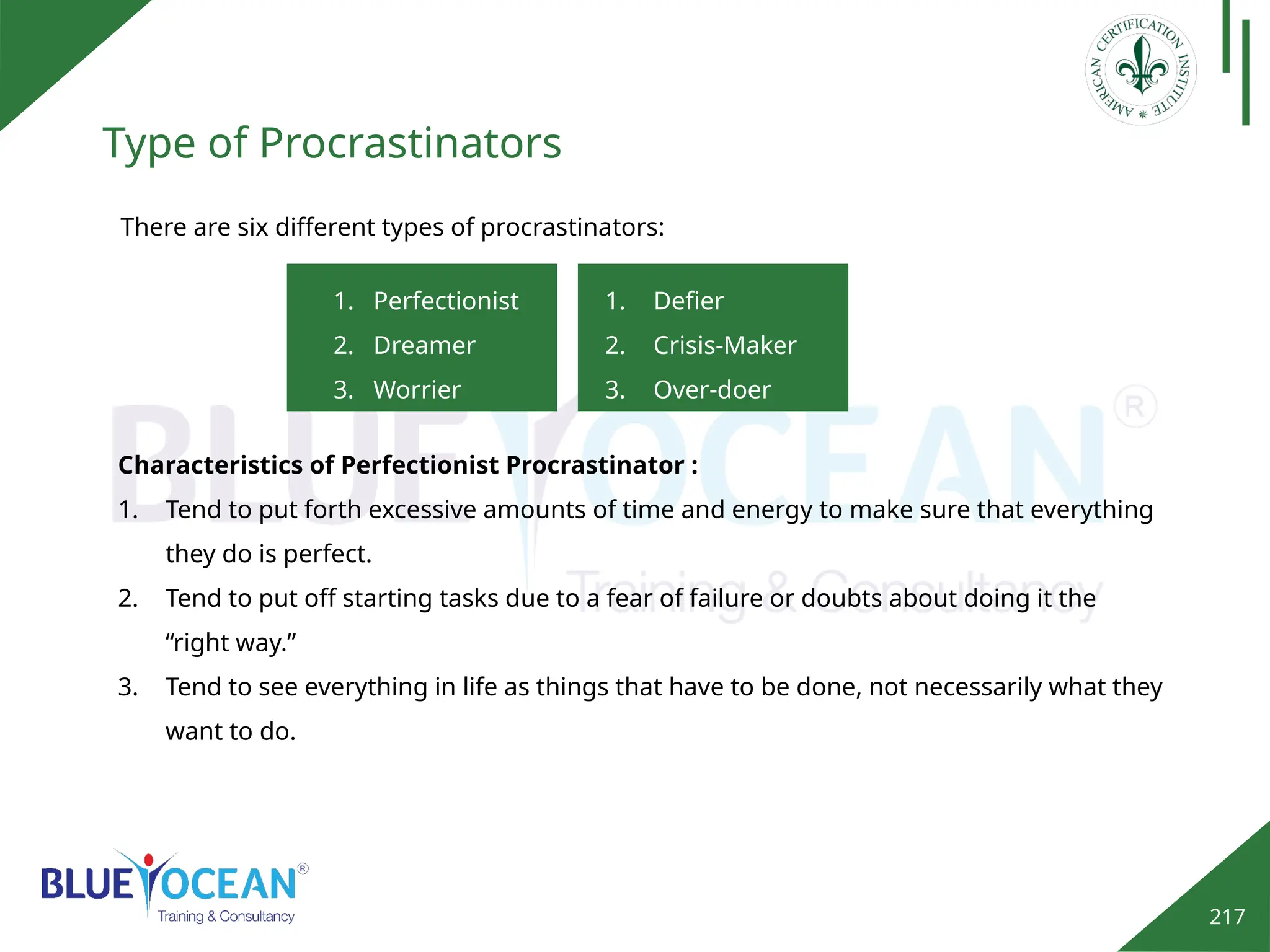 217
Type of Procrastinators
There are six different types of procrastinators:
1. Perfectionist
2. Dreamer
3. Worrier
1. Defier
2. Crisis-Maker
3. Over-doer
Characteristics of Perfectionist Procrastinator :
1. Tend to put forth excessive amounts of time and energy to make sure that everything
they do is perfect.
2. Tend to put off starting tasks due to a fear of failure or doubts about doing it the
“right way.”
3. Tend to see everything in life as things that have to be done, not necessarily what they
want to do.
 