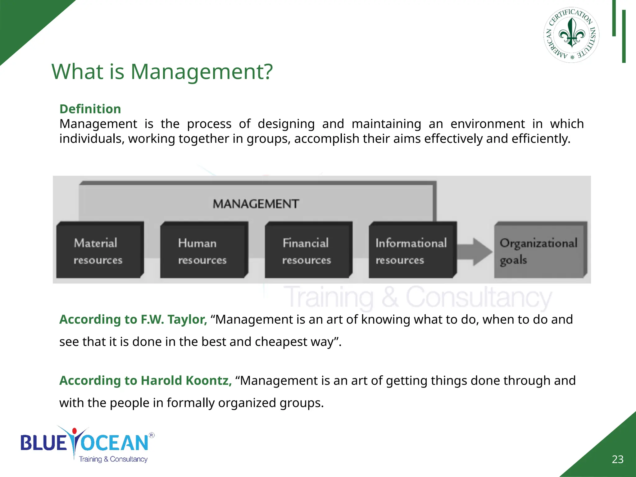 23
What is Management?
Definition
Management is the process of designing and maintaining an environment in which
individuals, working together in groups, accomplish their aims effectively and efficiently.
According to F.W. Taylor, “Management is an art of knowing what to do, when to do and
see that it is done in the best and cheapest way”.
According to Harold Koontz, “Management is an art of getting things done through and
with the people in formally organized groups.
 