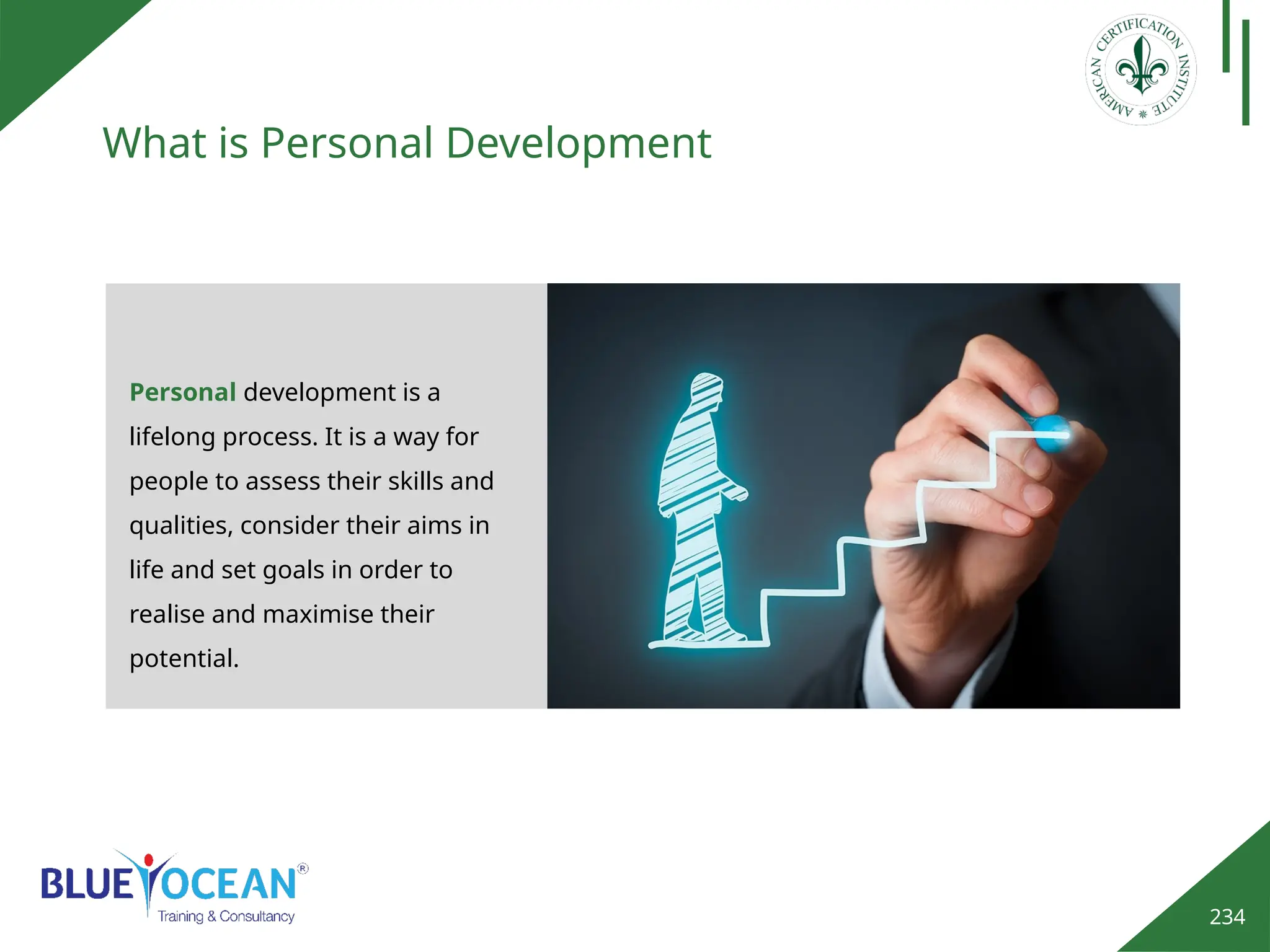 234
What is Personal Development
Personal development is a
lifelong process. It is a way for
people to assess their skills and
qualities, consider their aims in
life and set goals in order to
realise and maximise their
potential.
 