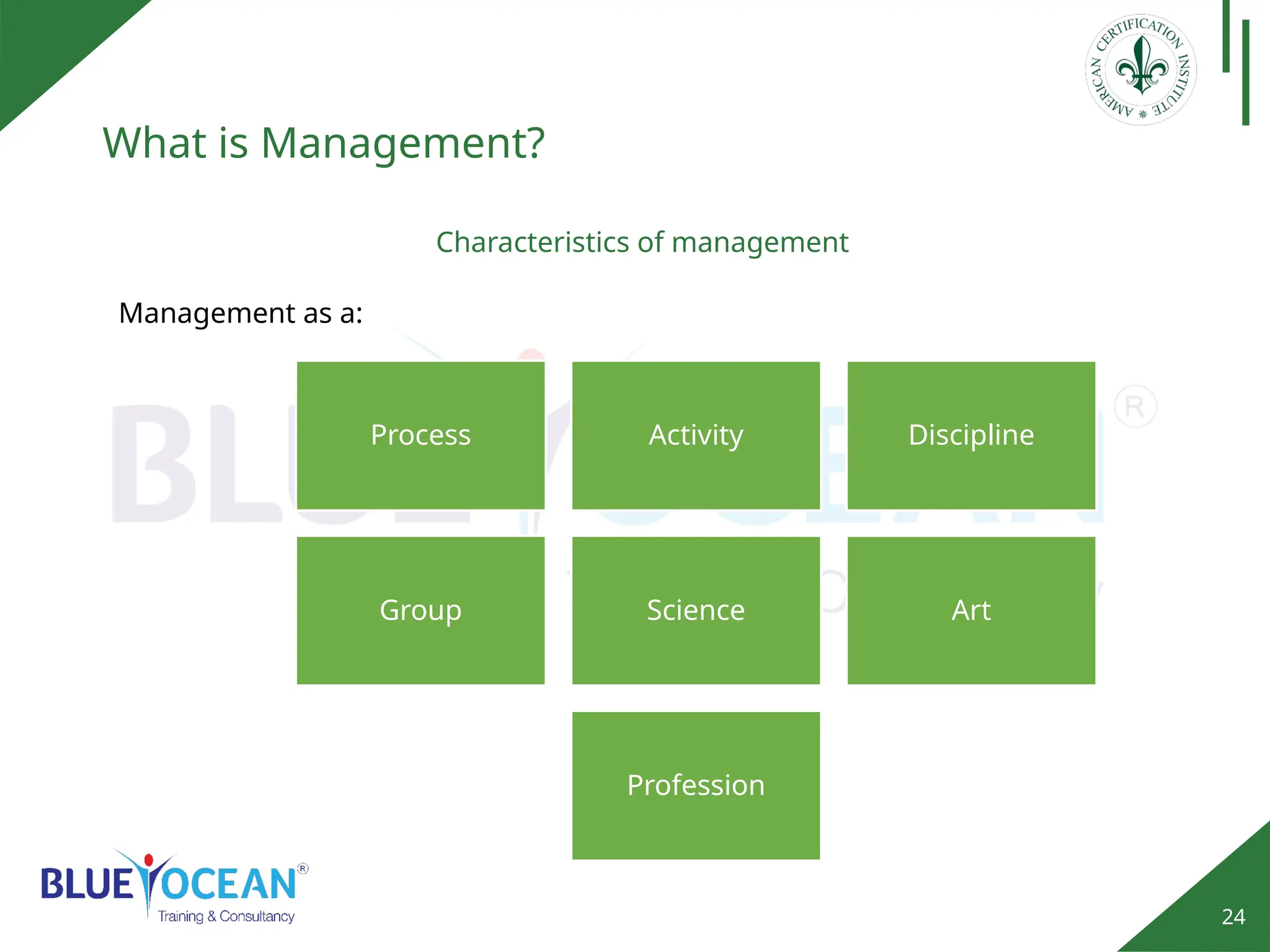 24
What is Management?
Characteristics of management
Management as a:
Process Activity Discipline
Group Science Art
Profession
 