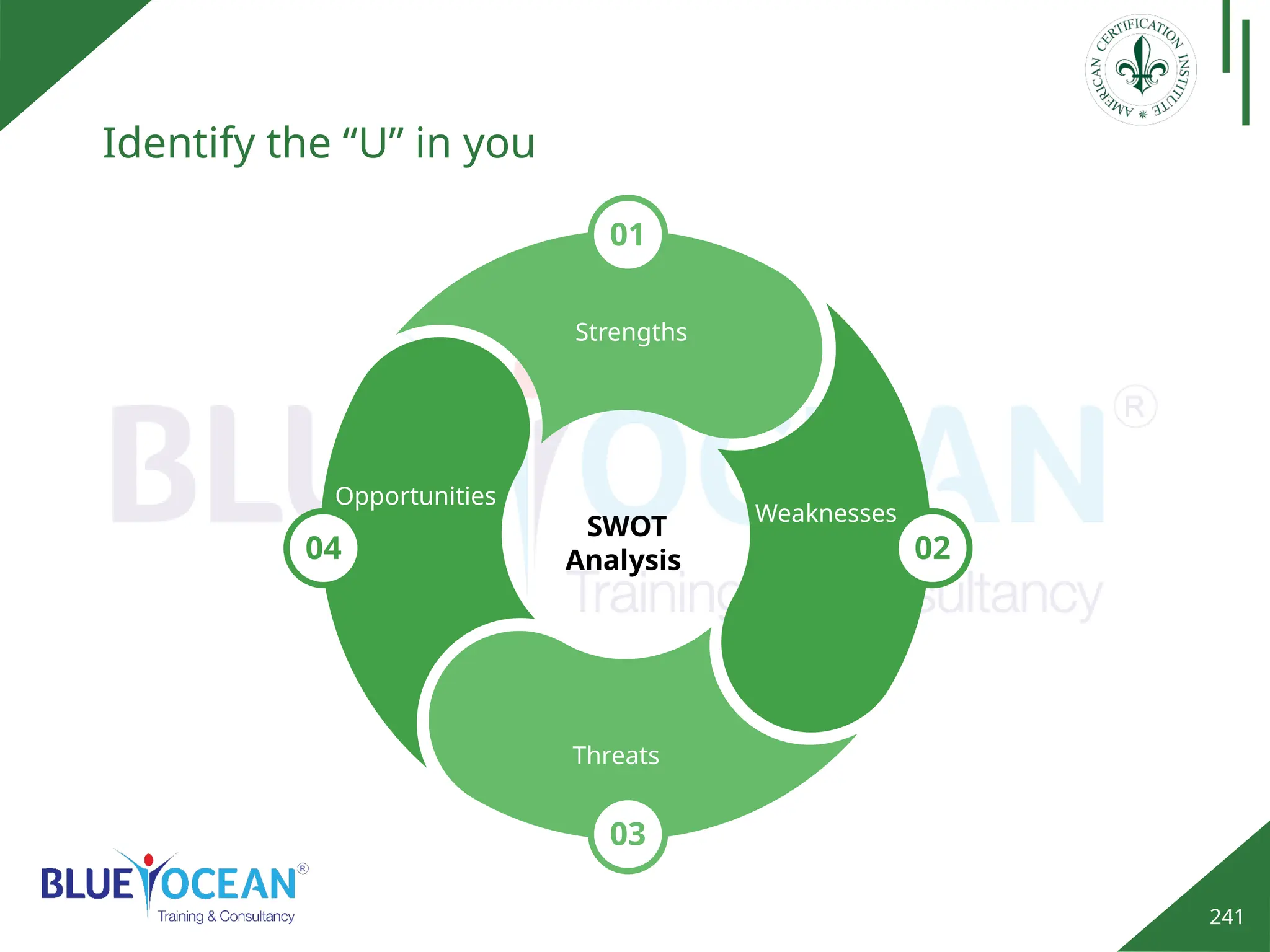 241
Identify the “U” in you
01
03
02
04
Strengths
Weaknesses
Threats
Opportunities
SWOT
Analysis
 