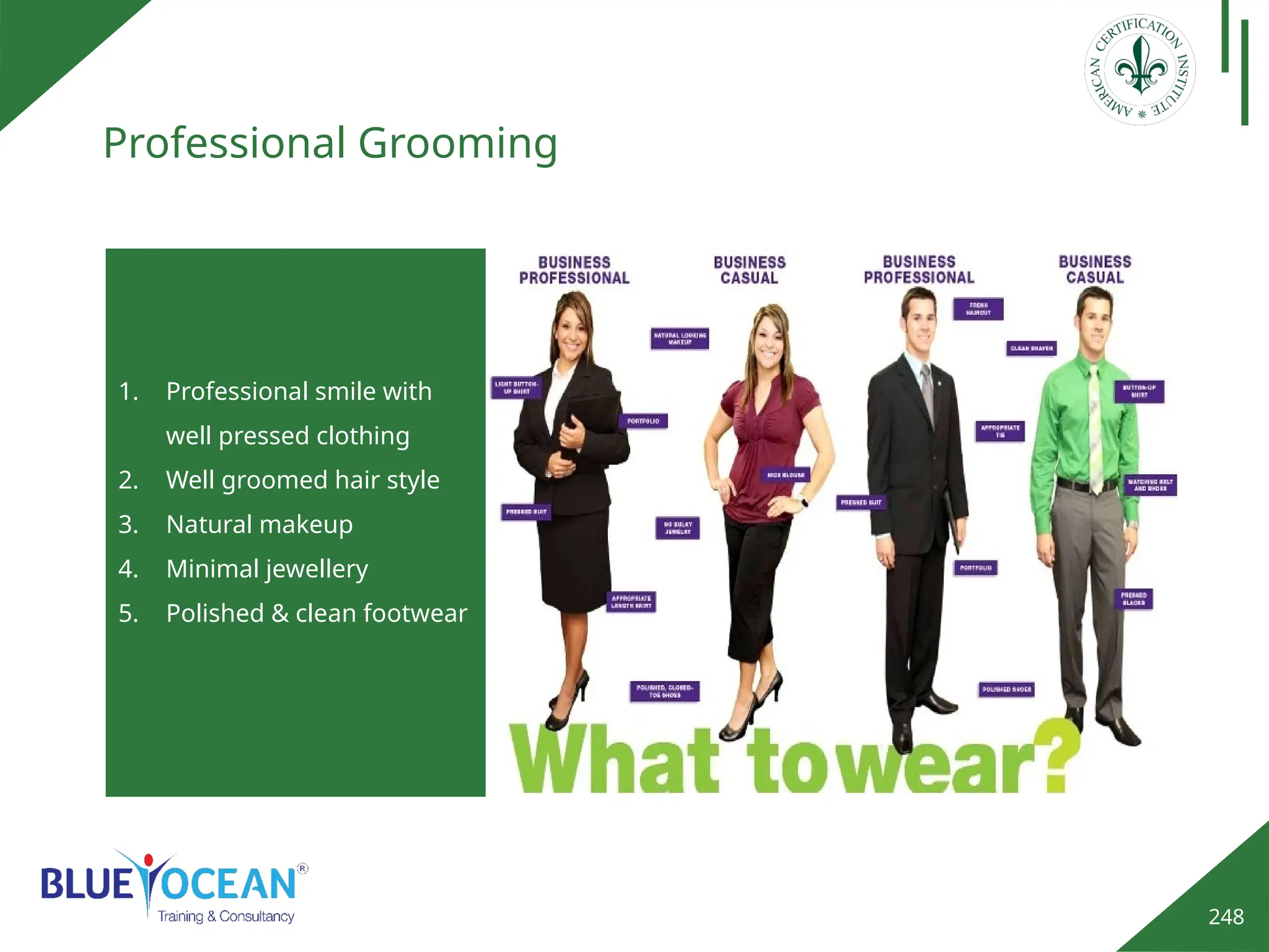248
Professional Grooming
1. Professional smile with
well pressed clothing
2. Well groomed hair style
3. Natural makeup
4. Minimal jewellery
5. Polished & clean footwear
 