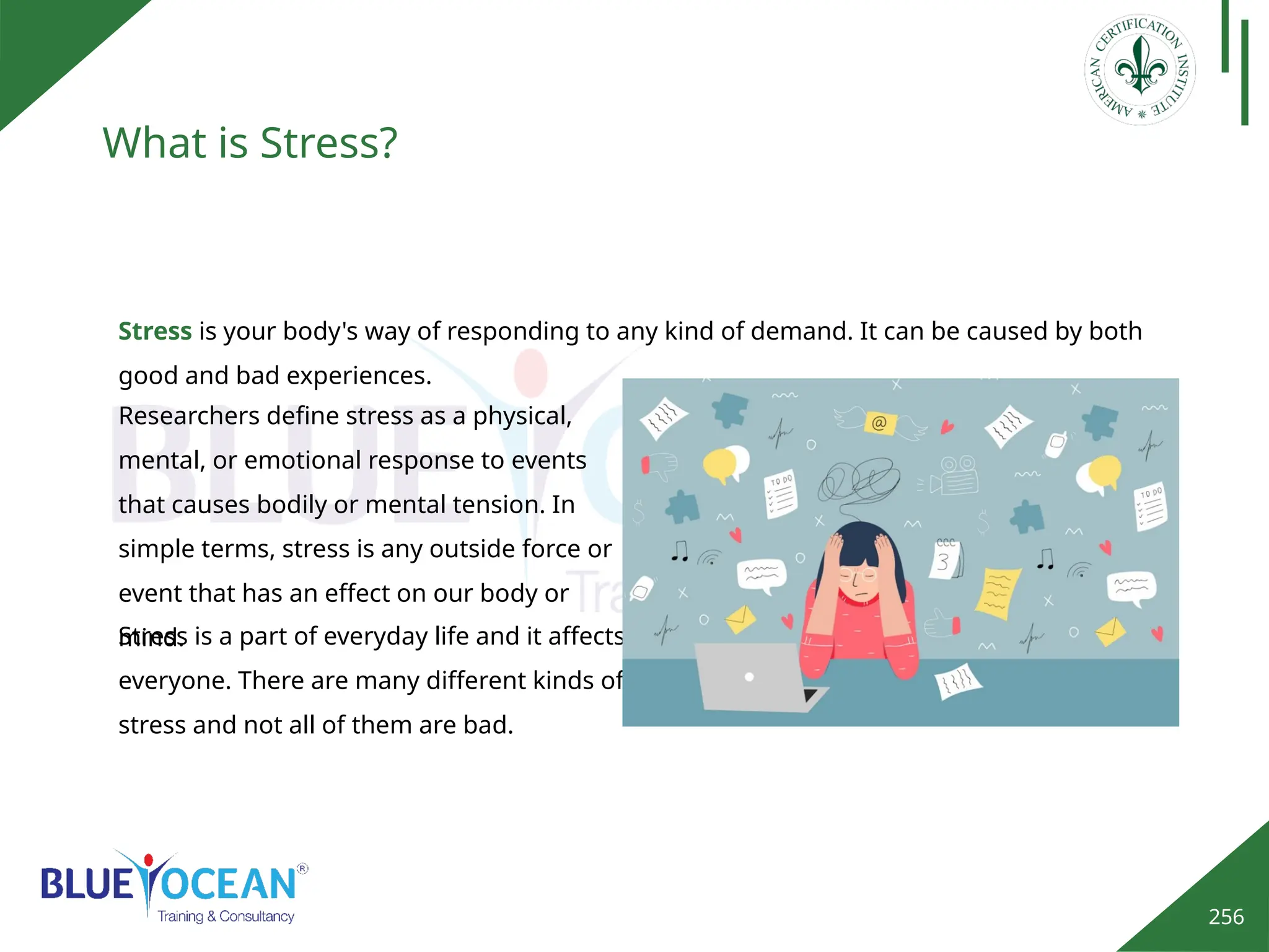 256
What is Stress?
Stress is your body's way of responding to any kind of demand. It can be caused by both
good and bad experiences.
Researchers define stress as a physical,
mental, or emotional response to events
that causes bodily or mental tension. In
simple terms, stress is any outside force or
event that has an effect on our body or
mind.
Stress is a part of everyday life and it affects
everyone. There are many different kinds of
stress and not all of them are bad.
 