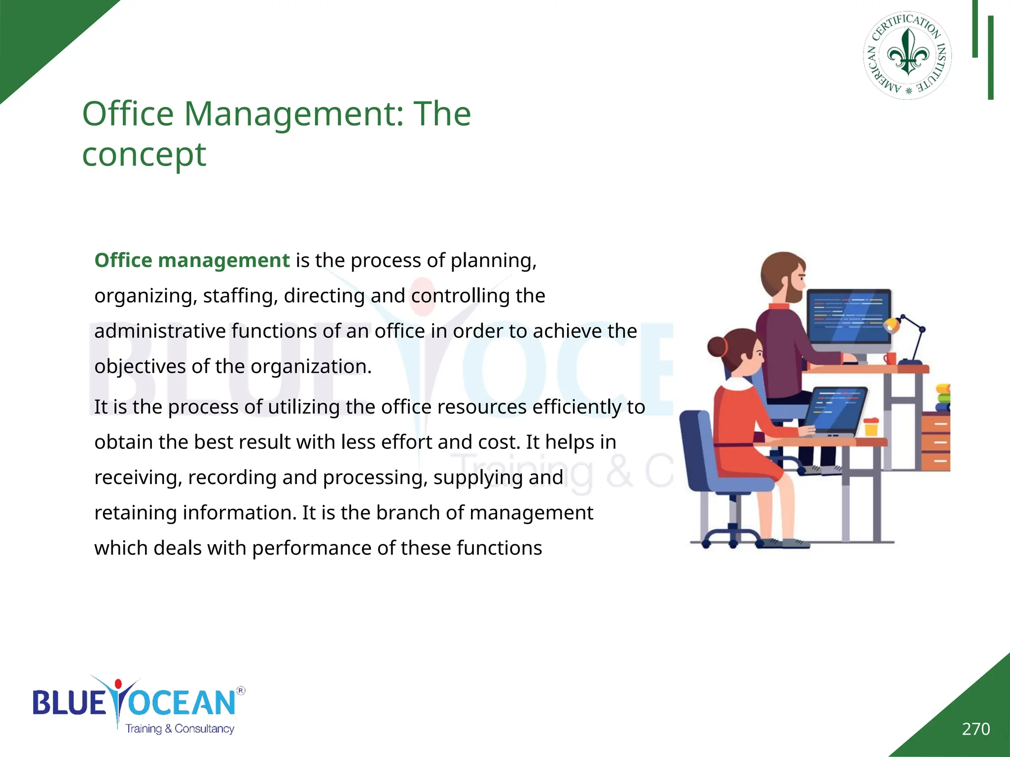 270
Office Management: The
concept
Office management is the process of planning,
organizing, staffing, directing and controlling the
administrative functions of an office in order to achieve the
objectives of the organization.
It is the process of utilizing the office resources efficiently to
obtain the best result with less effort and cost. It helps in
receiving, recording and processing, supplying and
retaining information. It is the branch of management
which deals with performance of these functions
 