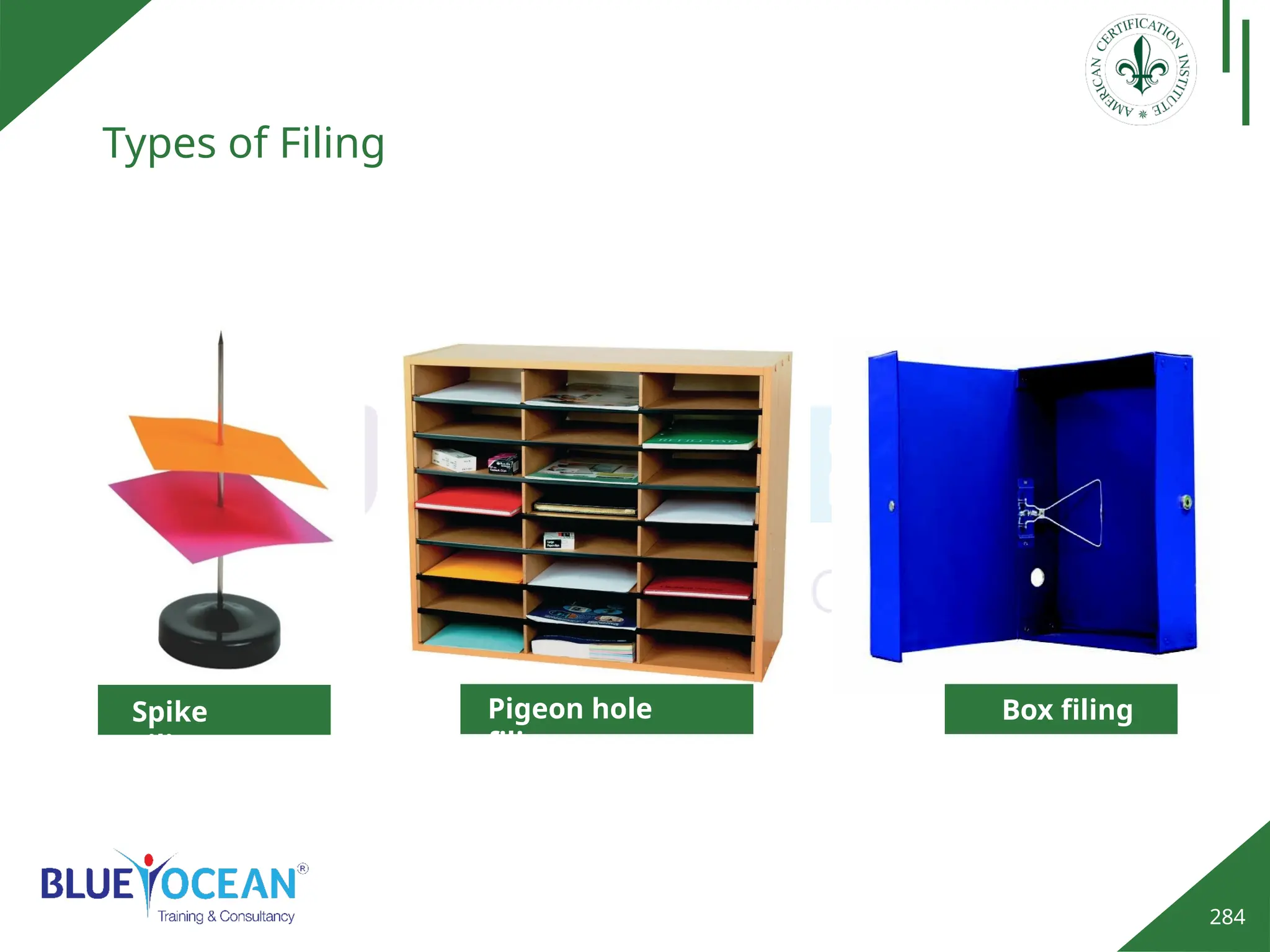 284
Types of Filing
Spike
Filing
Pigeon hole
filing
Box filing
 