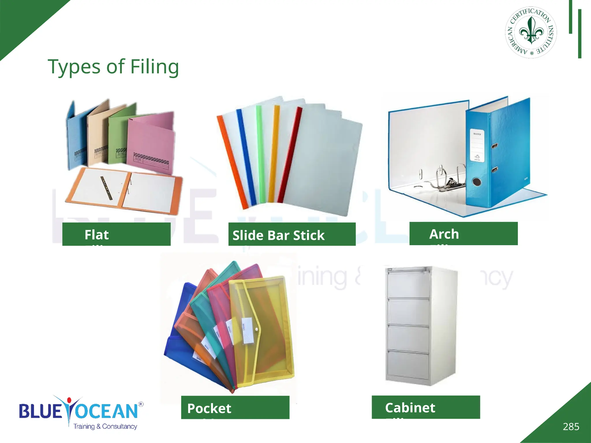 285
Types of Filing
Flat
Filing
Slide Bar Stick
Files
Arch
Filing
Pocket
Folders
Cabinet
Filing
 