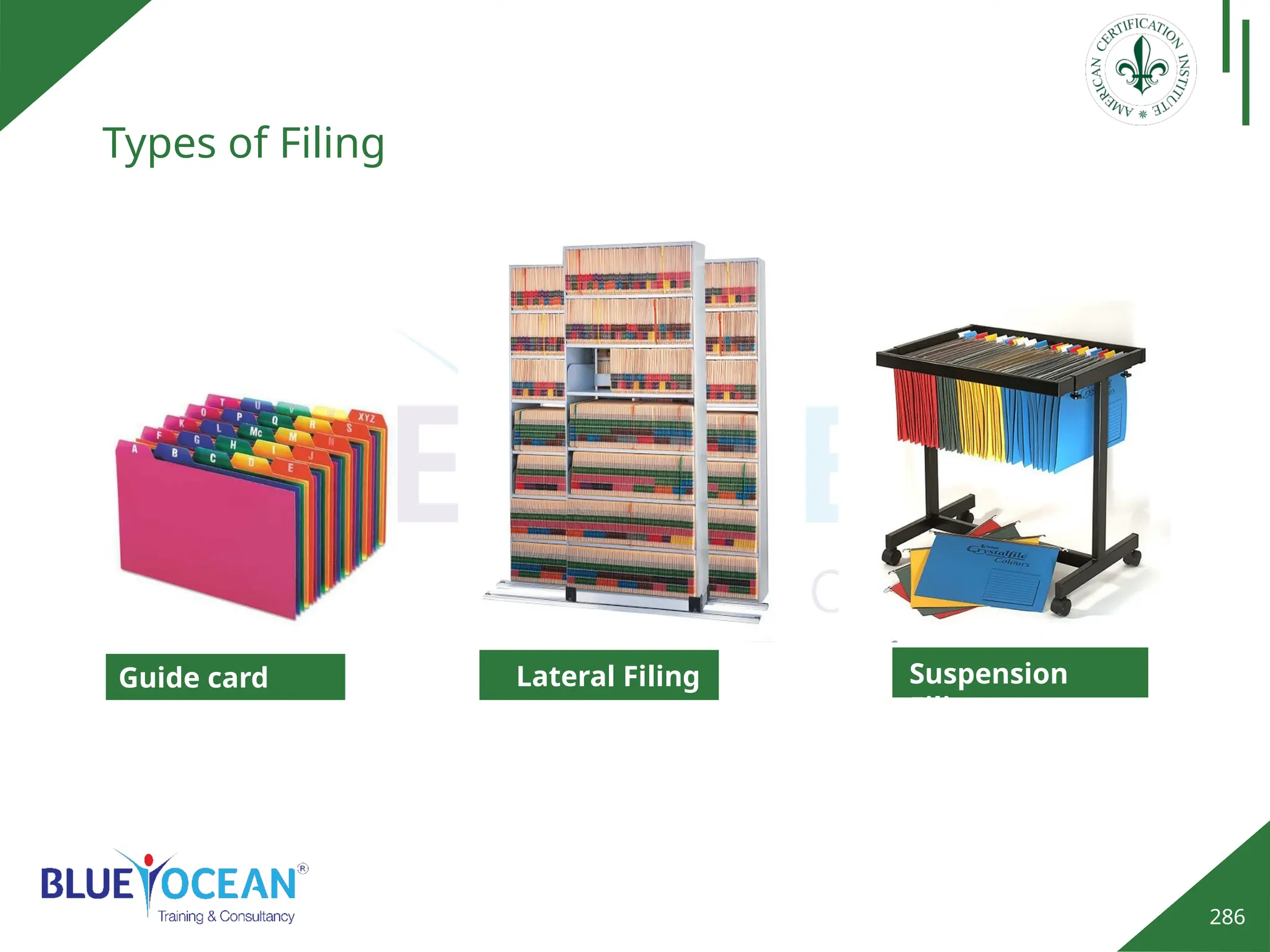 286
Types of Filing
Guide card
Filing
Suspension
Filing
Lateral Filing
 