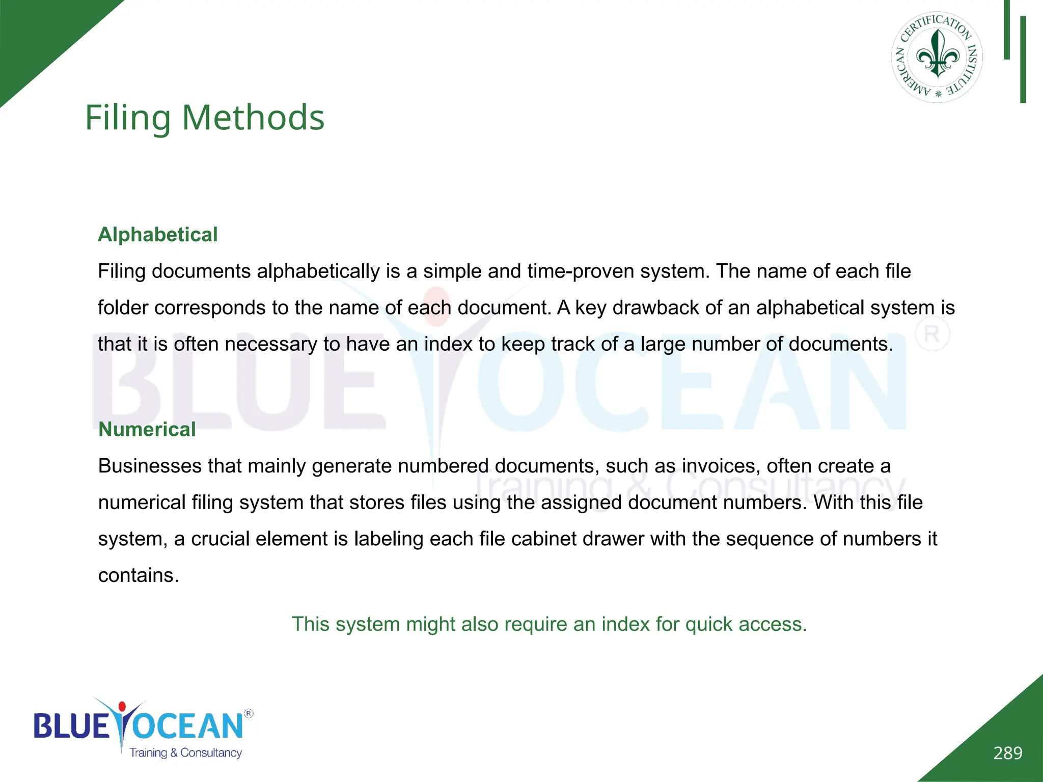 289
Filing Methods
Alphabetical
Filing documents alphabetically is a simple and time-proven system. The name of each file
folder corresponds to the name of each document. A key drawback of an alphabetical system is
that it is often necessary to have an index to keep track of a large number of documents.
Numerical
Businesses that mainly generate numbered documents, such as invoices, often create a
numerical filing system that stores files using the assigned document numbers. With this file
system, a crucial element is labeling each file cabinet drawer with the sequence of numbers it
contains.
This system might also require an index for quick access.
 